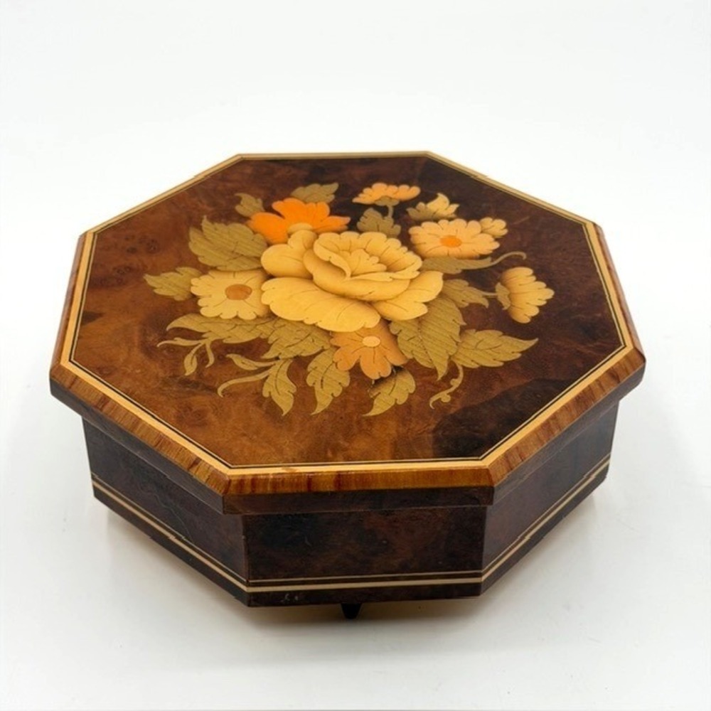 Vintage Italian Octagonal Floral Marquetry Wood Music Jewelry Box Dr Zhivago